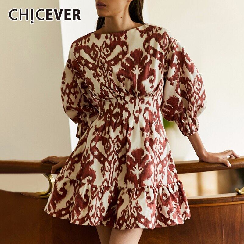 CHICEVERプリントヒットカラーレディースドレスOネックランタン長袖ウエストチュニックシャーリングドレス2020 ロング 6base522191886281