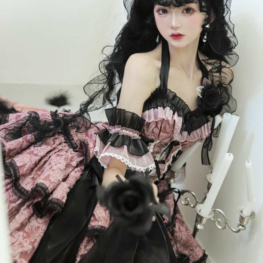 ロリータファッション ピンク×黒フリルの甘ロリ地雷系コルセット風ミニ