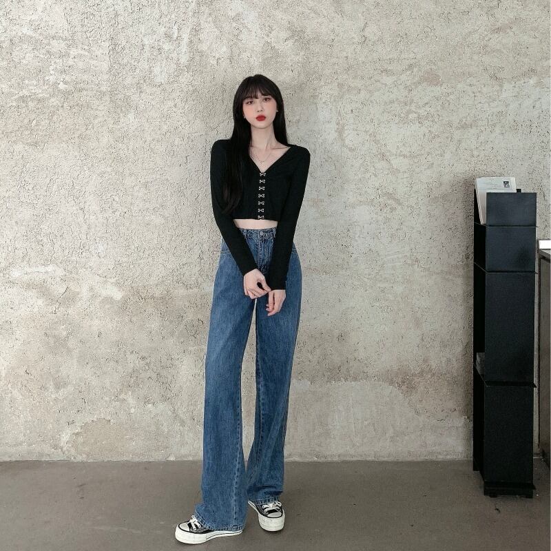 ジーンズ ハイウェストルーズオータムウィンターパンツ レッド 秋物 冬物 ブラックストロベリース43041755241