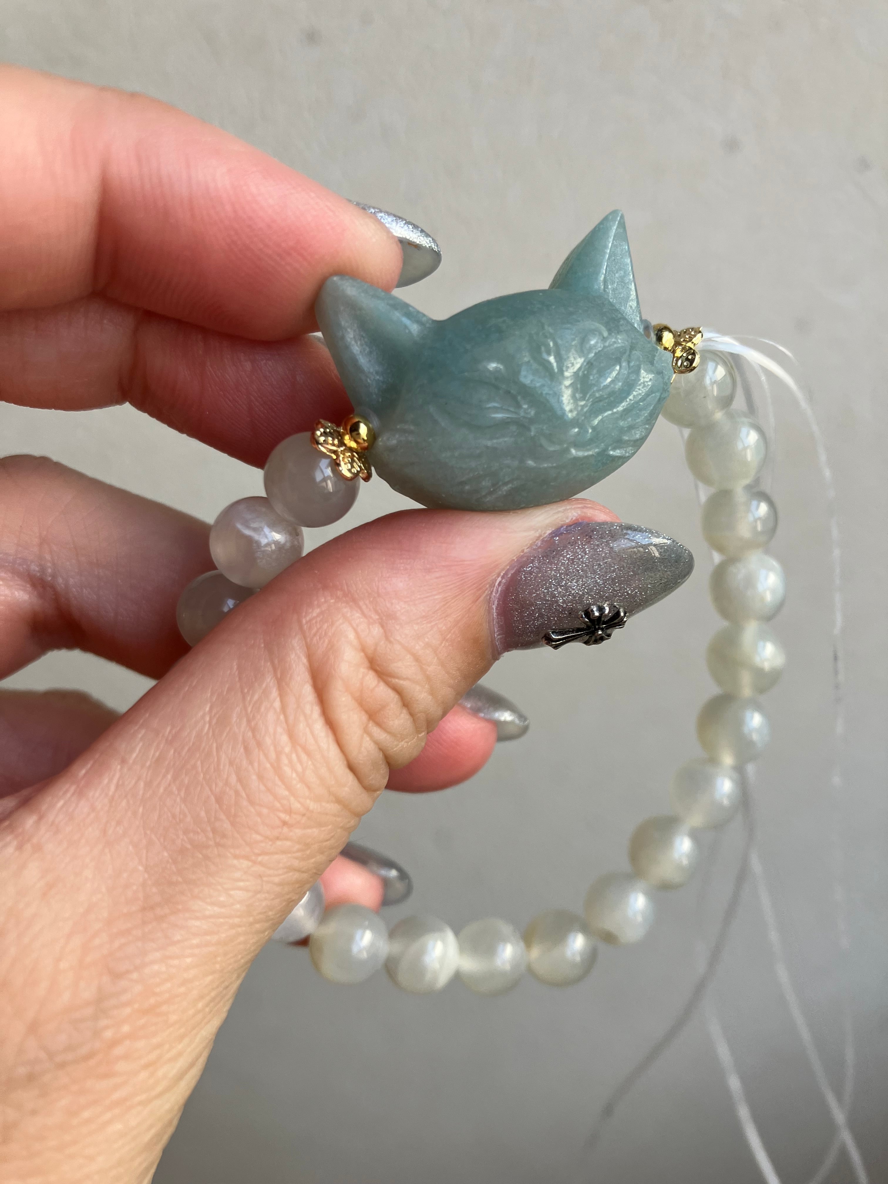 再販！ オブシディアン猫彫 ブラックガーデンクォーツブレスレット