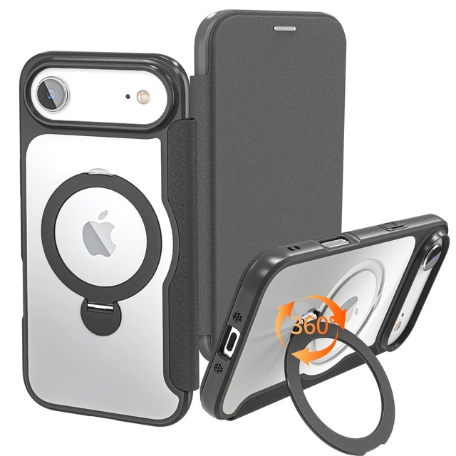 【実用性が高い手帳型】 iPhone Air 用 ケース 手帳型 2枚カード収納 背面クリア 360度回転するMagSafeリングが超便利 軽い 薄型 耐衝撃 全面保護 縦横両対応 レザー素材 マグセーフ対応 おしゃれ 黒