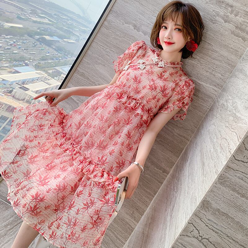 バックルレースプリント柄ドレス スプリング 春物 シルク ステッチ MIUCO38353241851