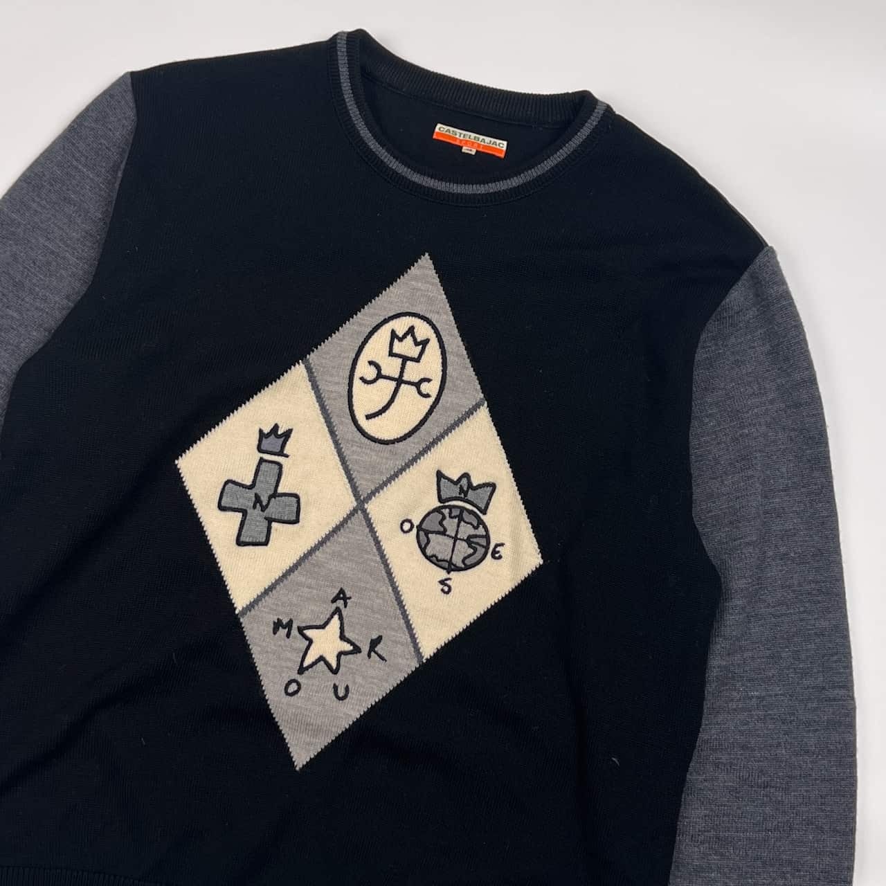 CASTELBAJAC SPORT カステルバジャック デザイン エルボーパッチ 長袖 ウール ニット セーター 48/ブラック メンズ ゴルフ