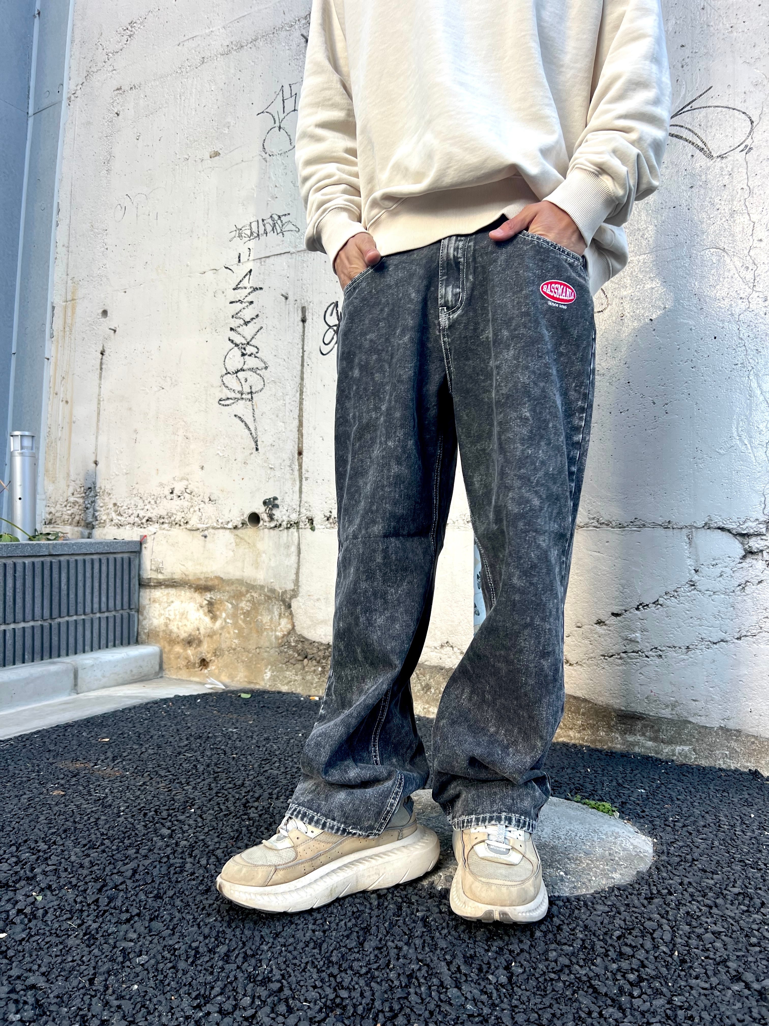 オーバルロゴ刺繍ケミカルデニムパンツ ［BLK］ | bassmania.jp
