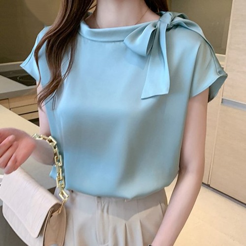 ブラウス レディース ライトブルー エレガントスタイル オフィススタイル トップス 半袖 リボン 上品 ビジネスシーン ラウンドネック 春夏 新作 大人 サイズ5展開 S M L XL 2XL