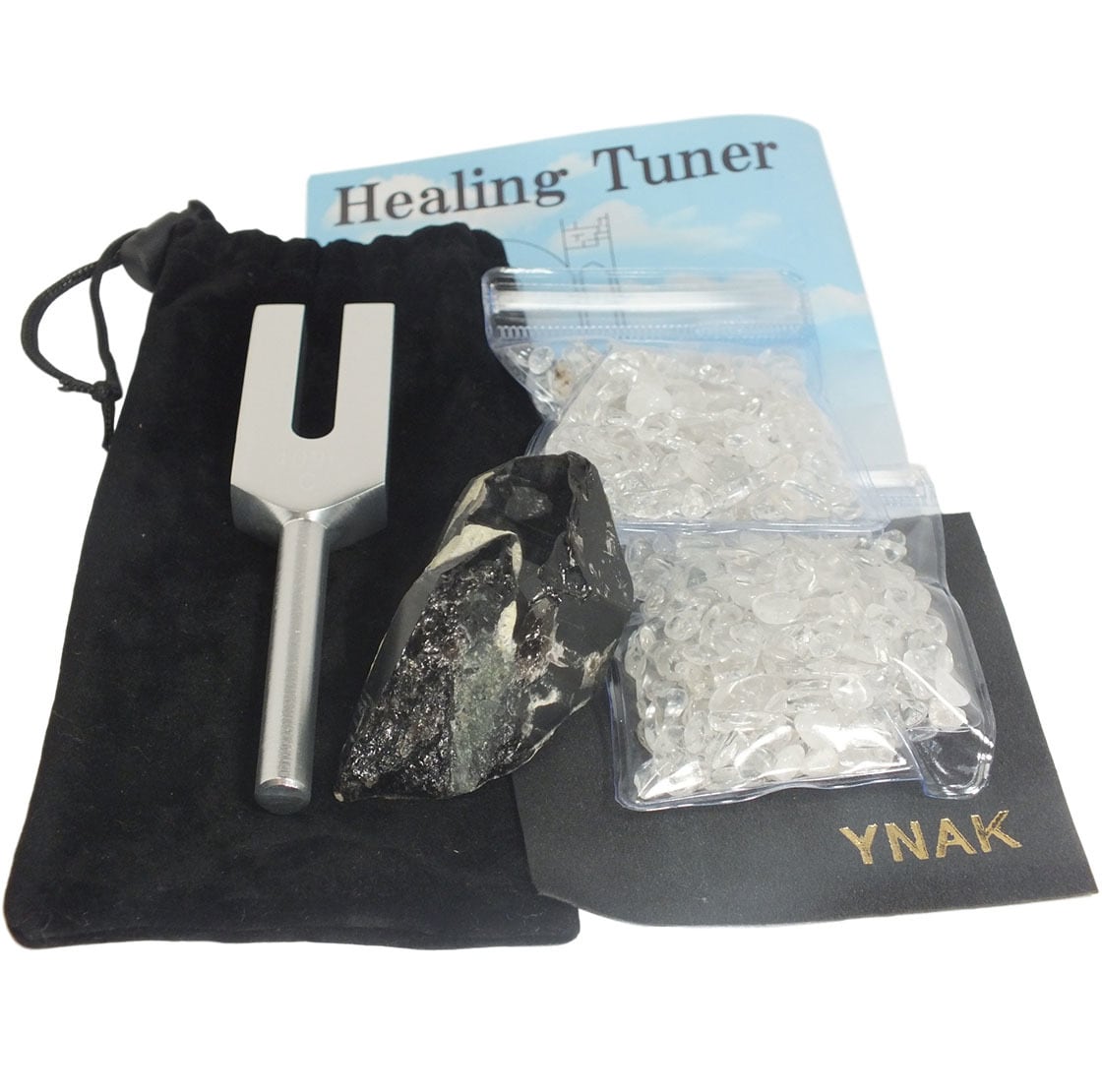 YNAK 音叉 ヒーリング モリオンチューナー MorionTuner 4096Hz 天然 黒水晶 モリオン 太陽刻印 さざれ石80g AAAAA級 日本語解説書 ポーチ付き 浄化用 チューニングフォーク