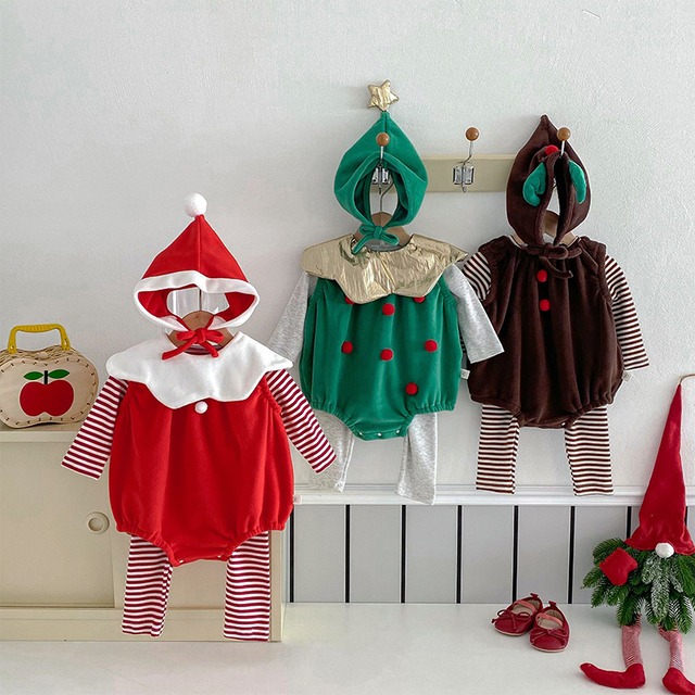 【BABY】冬新作クリスマス帽子付き起毛ロンパース　全3色