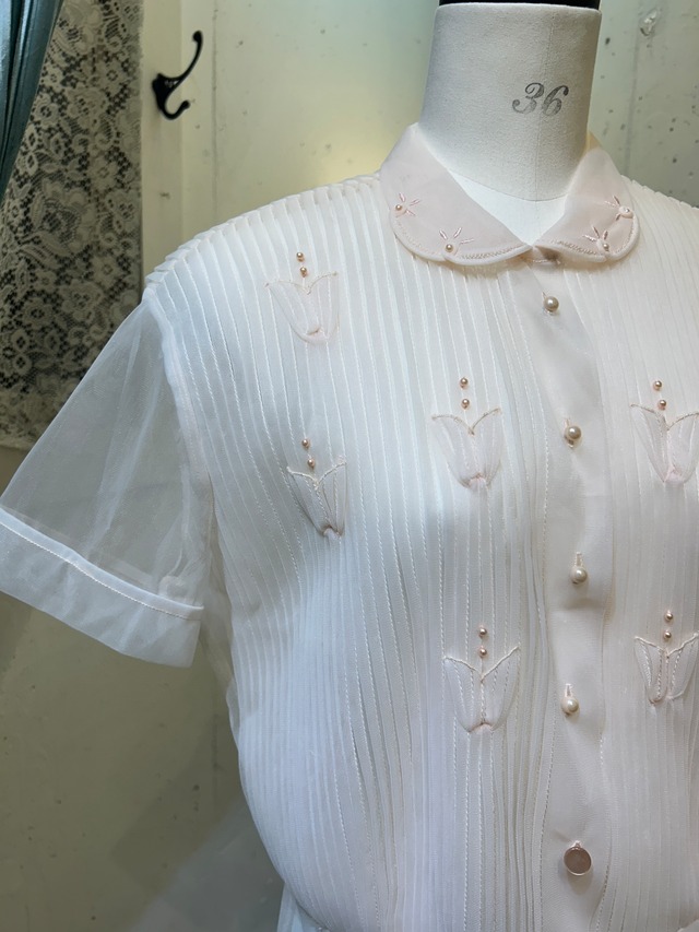 50's flower pink sheer blouse