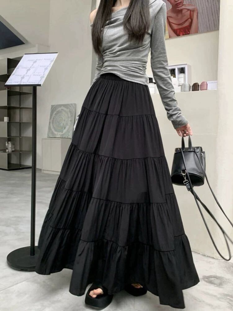 どんなスタイルも大人可愛く決まる ティアードロングスカート マキシ丈