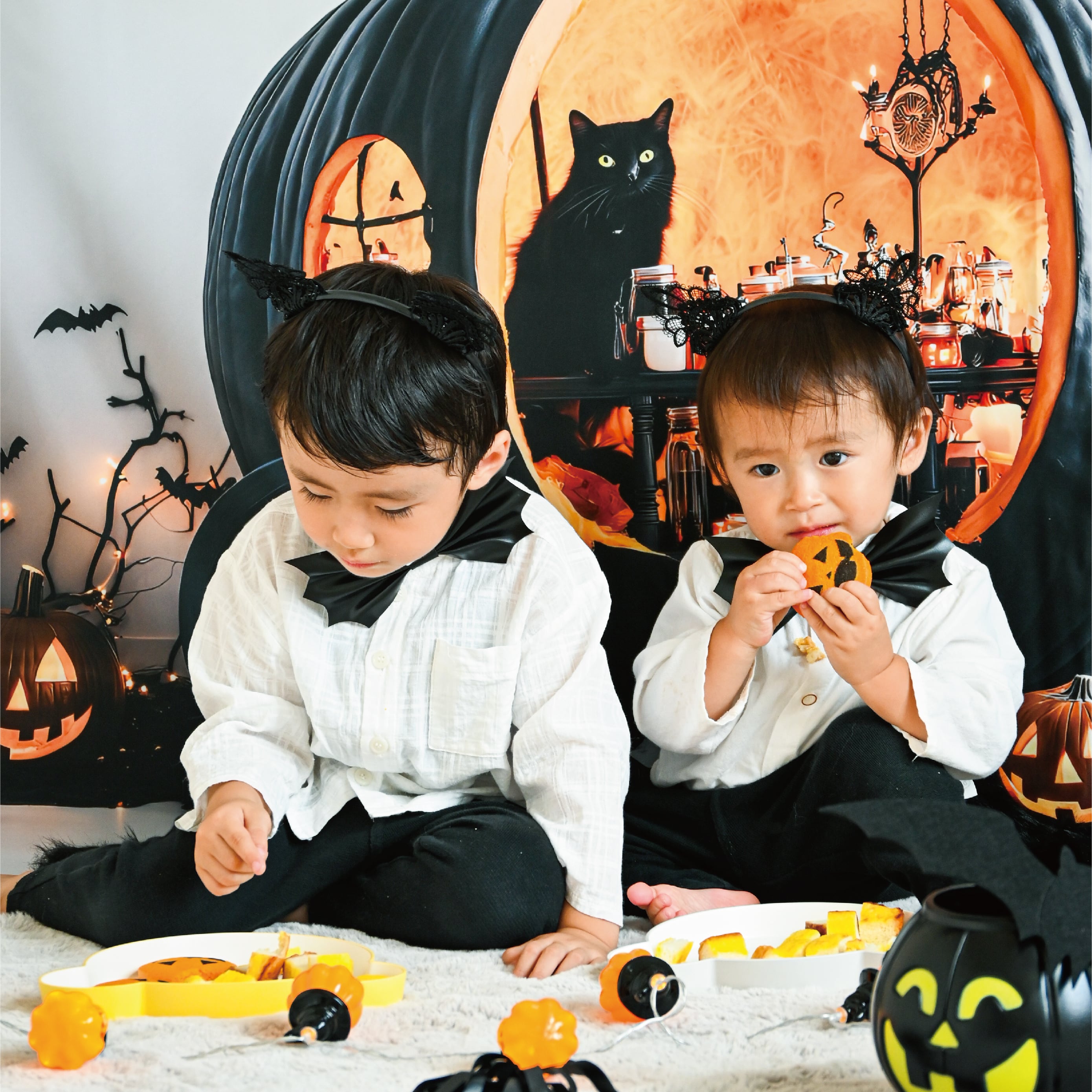 黒猫のハロウィンパーティーマット|おうち写真館・ハロウィン背景布 黒猫のハロウィンパーティーマット|おうち写真館・ハロウィン背景布