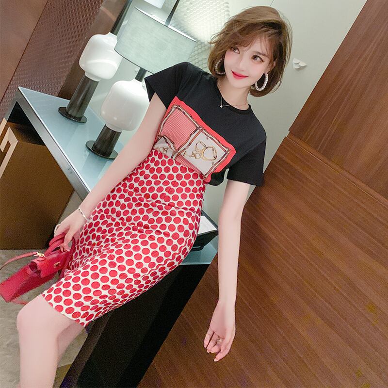 ラウンドネック半袖スリーブTシャツ カラー水玉ウェストスリムスカート サマー ショート ハーフスリーブ プリント 夏物 Oネック MIUCO72712712214