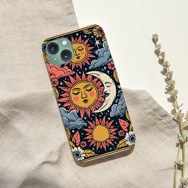 受注生産 iPhoneケース 太陽と月のサイケ民芸柄｜天体モチーフ PSYF010D
