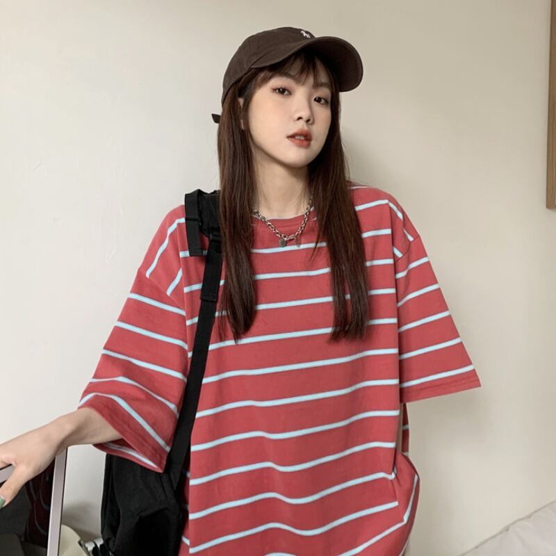 ストライプシャツ ルーズスタンダードラウンドネックTシャツ スプリングトップス レトロ 春物 Oネック YY-ファッション29844985172