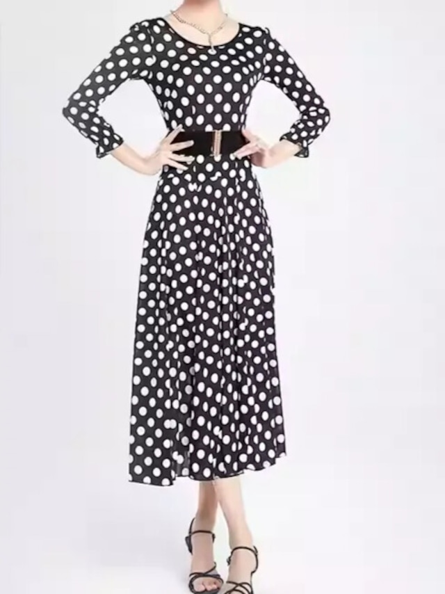 ウエストベルト ロングスリーブ ミモレフレア ドットワンピース  ds1460