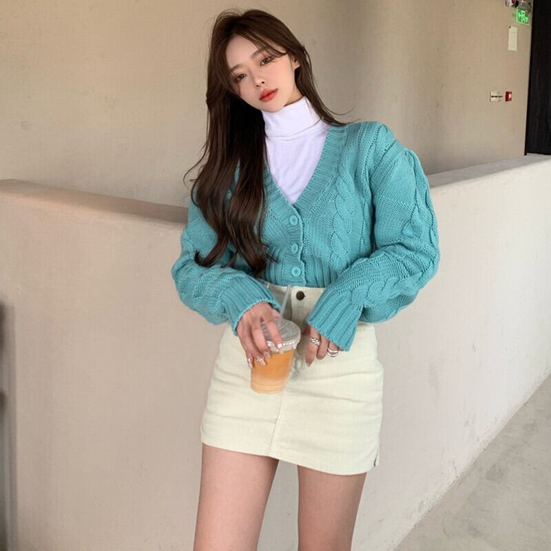 Vネックショートセーター カーディガンジャケット スタイルハイウェストウェストスカート パンツ ストリート オータム 秋物 ウィンター 冬物 ガールズファッション63029008761