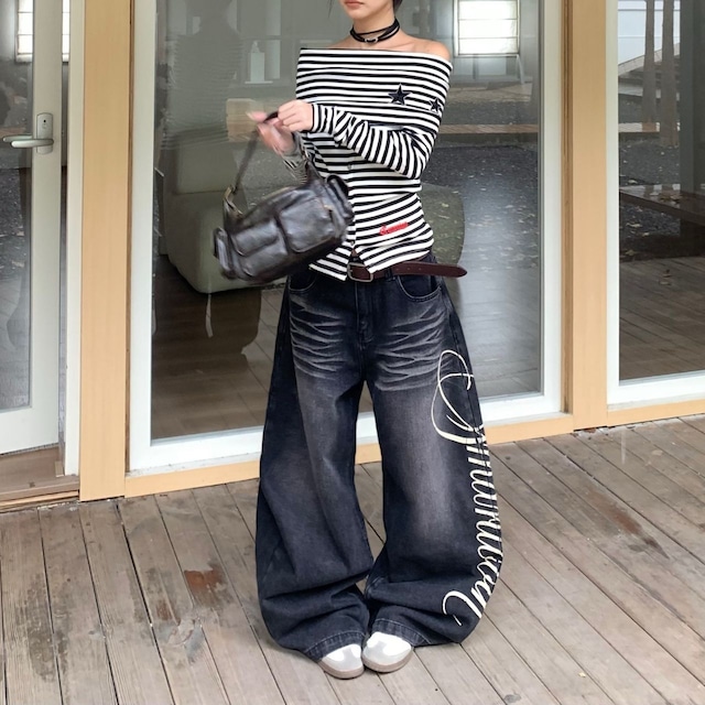 ロゴプリントルーズシルエットデニムパンツ 2col R00799