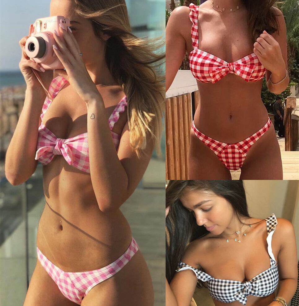 セクシーなチェック柄ビキニ 胸もとリボン パッドポケットあり