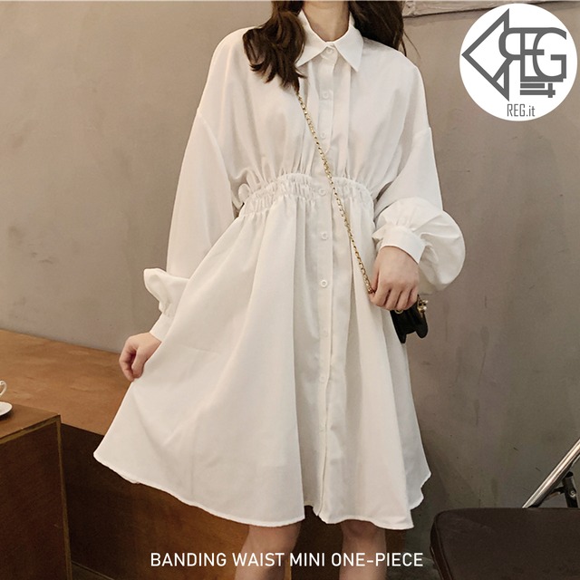 【REGIT】BANDING WAIST MINI ONE-PIECE-WHITE 韓国服 ワンピース ワンピ 春 ひざ上 フェミニン プチプラ 着回し 着痩せ 着映え 女子会 10代 20代 パフスリーブ