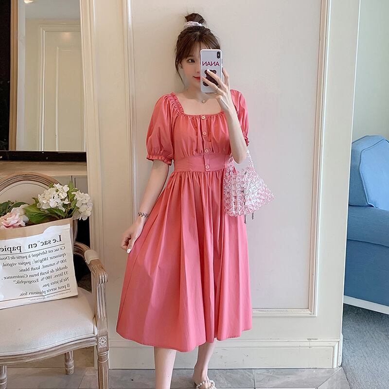 【新作】【送料無料】 マタニティウェア2020夏の新しい綿とリネンのスプライシングスクエアネックドレス コットン サマー 夏物 スクウェア expec272159049303