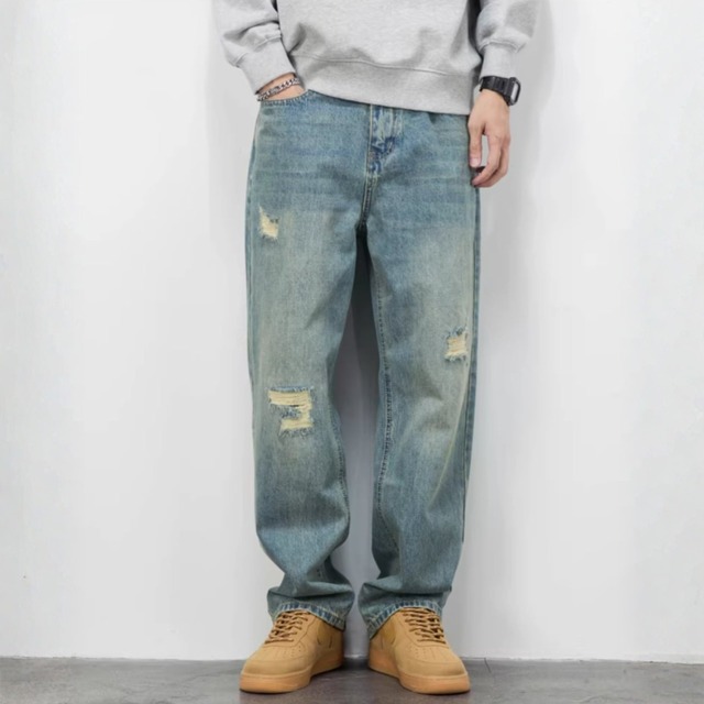ダメージ加工 ワイドデニムパンツ af0485