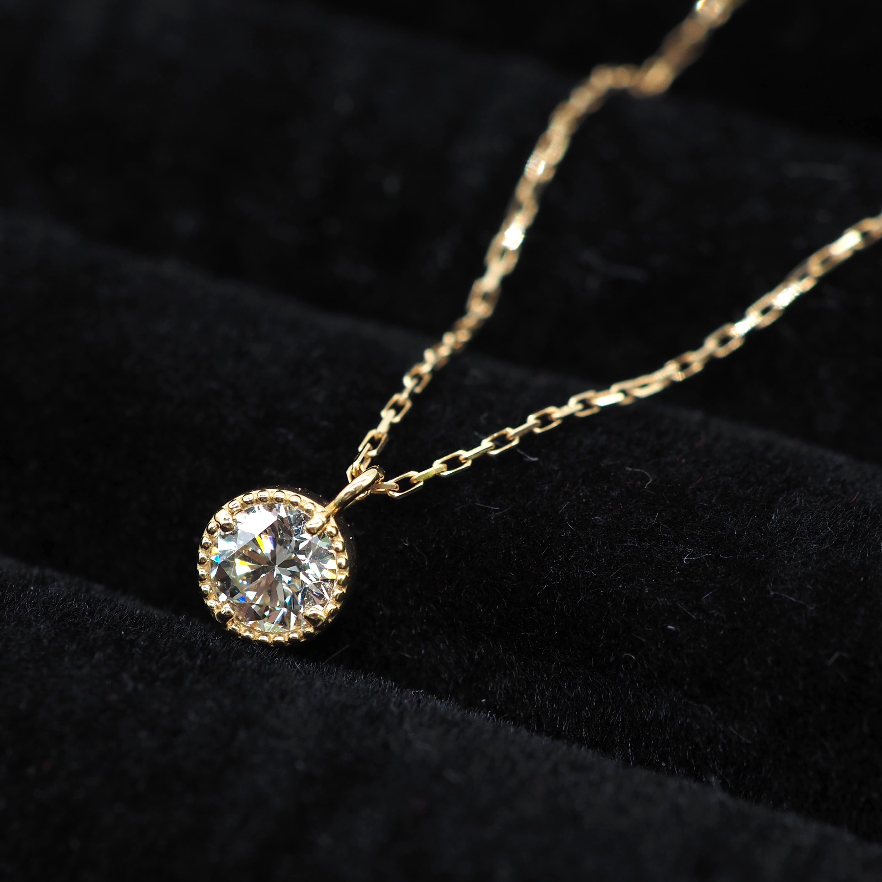 k18ダイヤモンド ペンダントネックレス 0.35ct ミル打ち チェーン80㎝