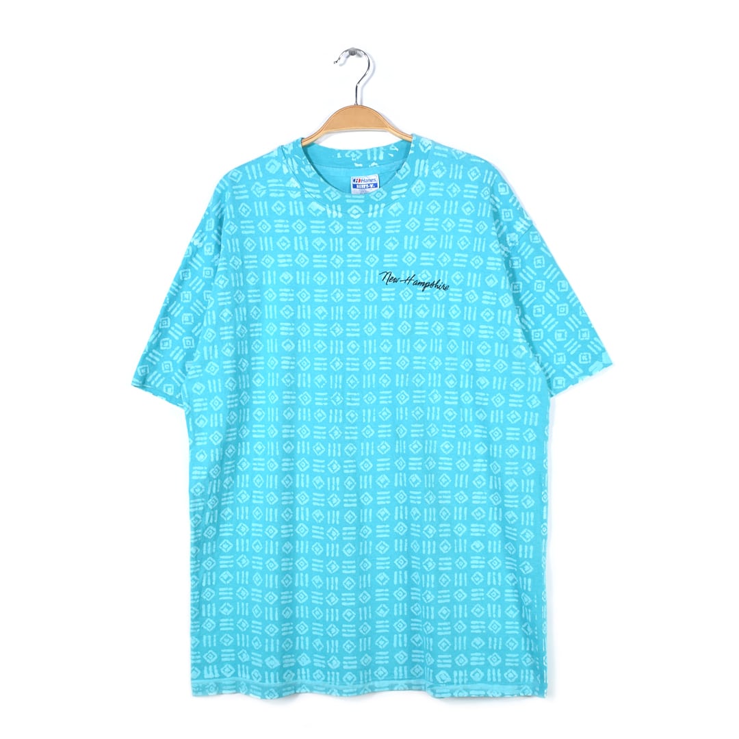 80s 90s ヘインズ USA製 ヴィンテージTシャツ 総柄 ニューハンプシャー エメラルドブルー HANES メンズXL シングルステッチ 古着 @BZ0412