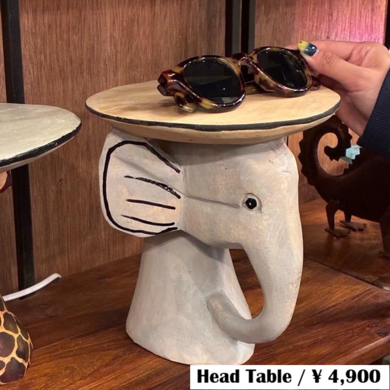 Kenya Wood animal head table Elephant　ケニア　ウッドアニマルヘッドテーブル　ゾウ　アクセサリートレイ　ディスプレイ　メガネ　インテリアトレイ