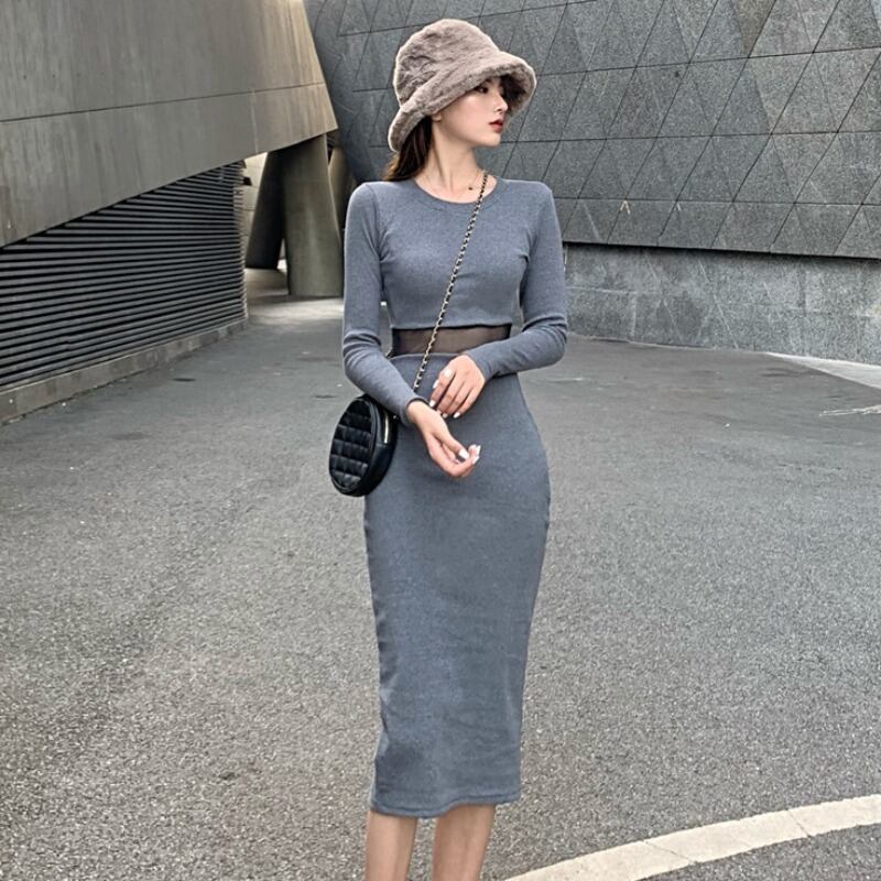 オータムウィンターカジュアルスリムメッシュドレス レディース 秋物 冬物 ステッチ YY-ファッション17586725408