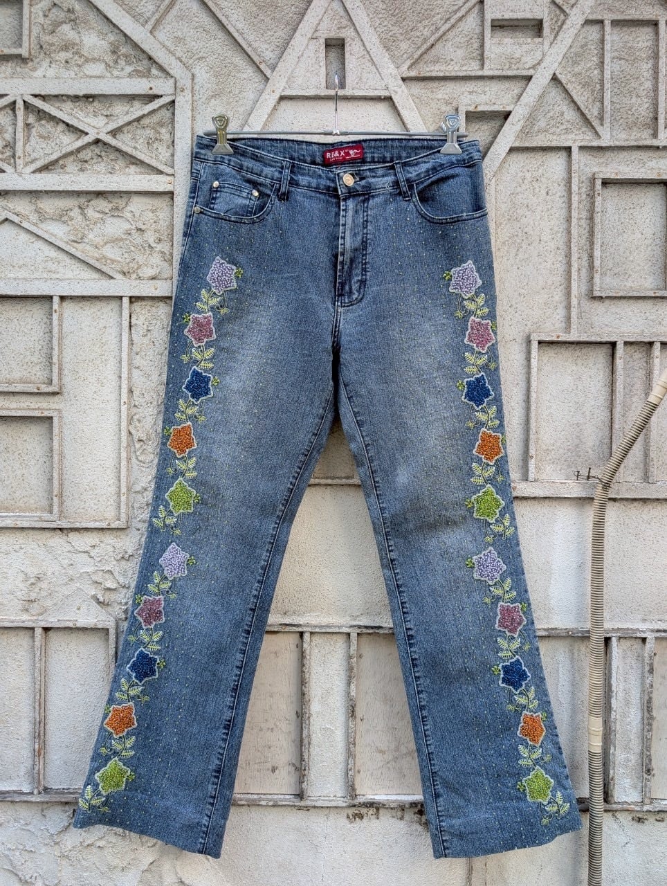 "RE&X" bead design stretch denim pants