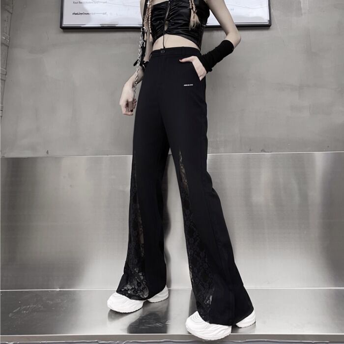 サマーハイウェストウェストワイドレッグパンツ レーススタンダードスリムカジュアル レトロ ストリート 夏物 ワイドパンツ ステッチ ケッペル26969603694