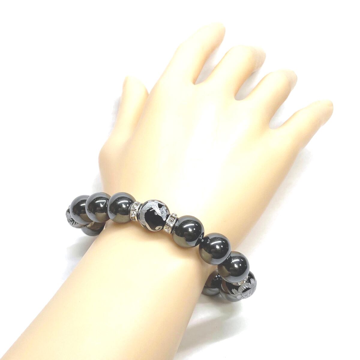 12mm 四神獣銀彫オニキス×ヘマタイト パワーストーン ブレスレット