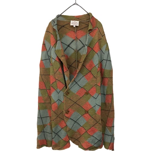 『 Vivienne Westwood LONDON made in Italy Mohair & alpaca argyle knit double jacket 』USED 古着  ヴィヴィアン ウエストウッド ロンドン イタリア製 モヘア アルパカ アーガイル 格子 カットオフ加工 ニット ダブル ジャケット