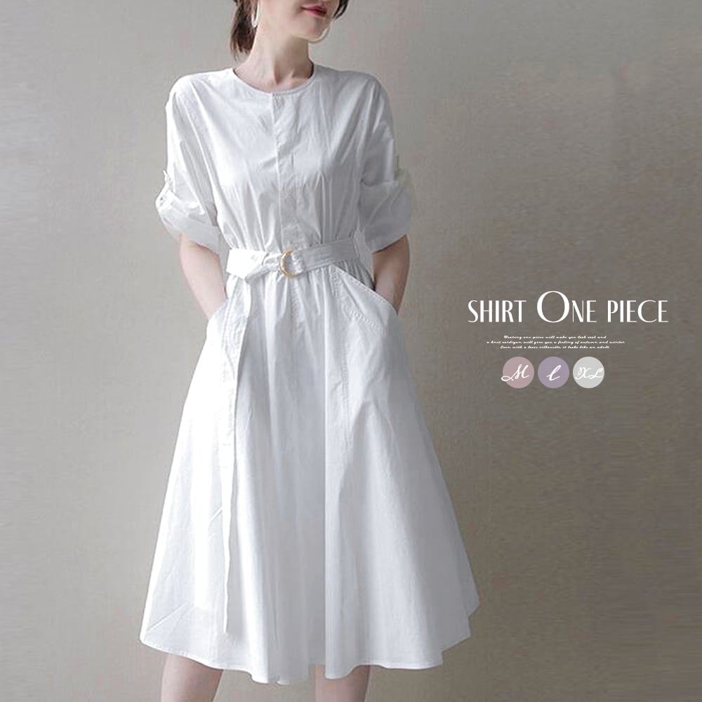 半袖シャツワンピース クールネック韓国風