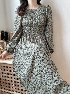 【予約販売】shirring flower onepiece (KHAKI)