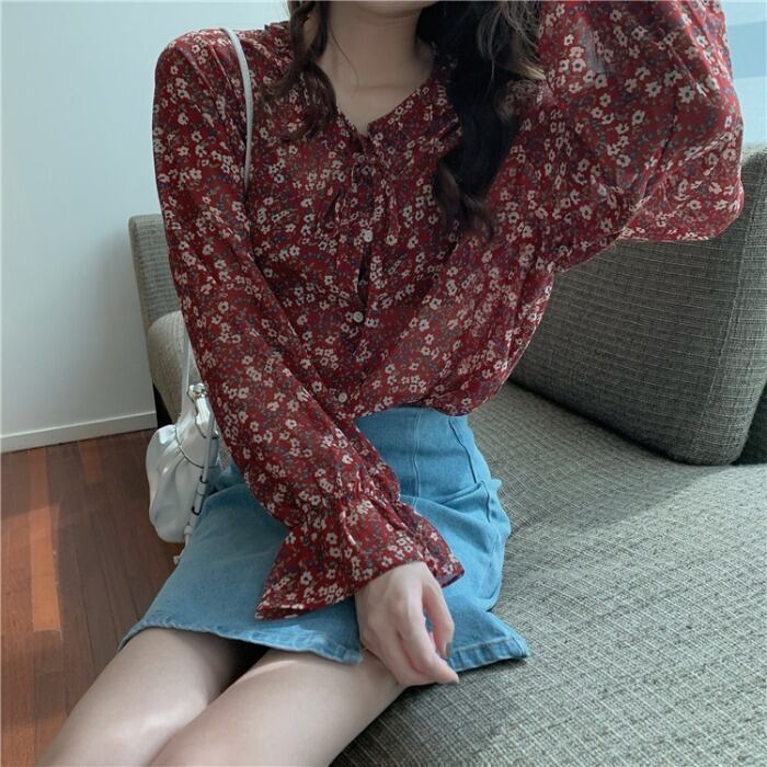 フランスのレトロなフローラルレースアップシフォンシャツ女性の初秋の薄片2020新バージョンの薄手の長袖シャツトレンド クレセントシティ86105900361