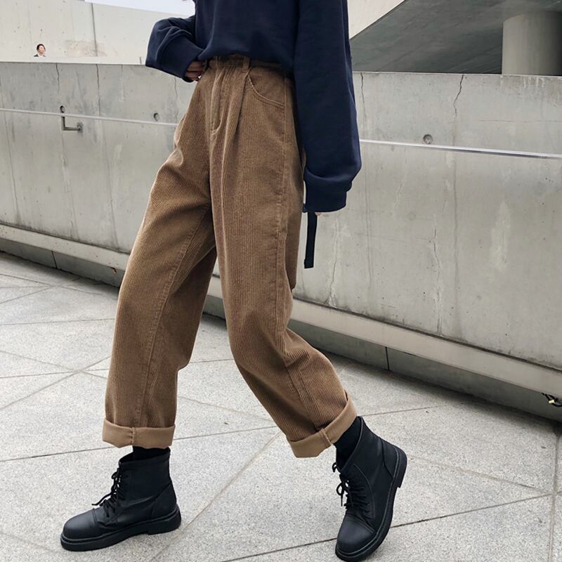 コーデュロイパンツ スプリングオータムルーズハイウェストウェストカジュアル 春物 秋物 試着室15665136234