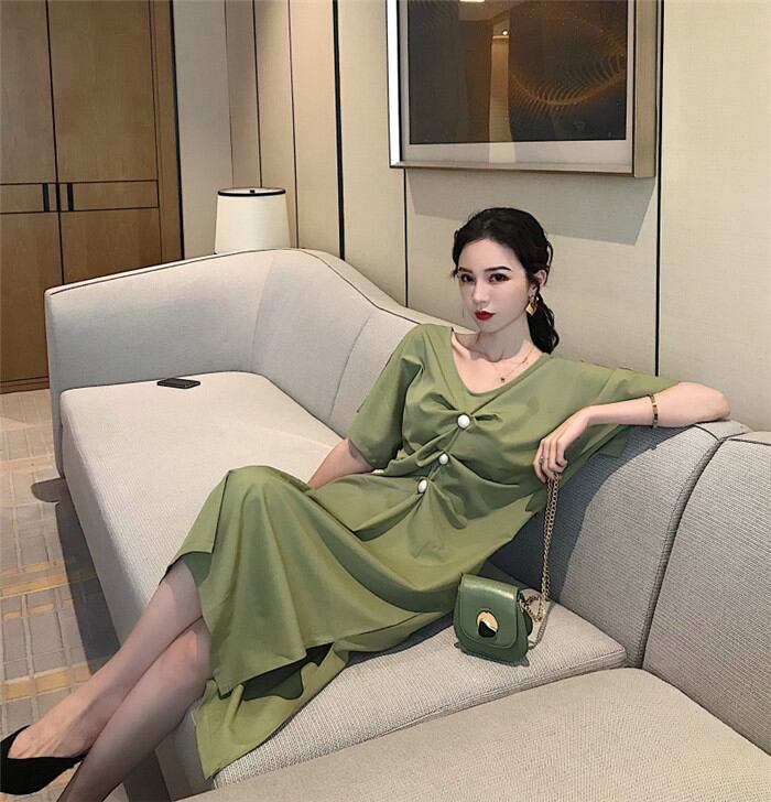 女性美up 高品質 半袖 簡約 Vネック イレギュラー ファッション ワンピース 夏 女性 ロングスカート