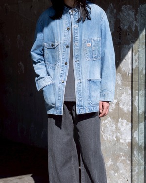 good damaged band collar denim coverall jacket / From ITALY