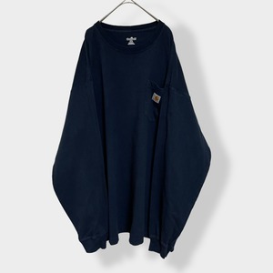 【Carhartt】長袖Tシャツ ロンT ロングスリーブ long sleeveワンポイントロゴ ポケットTシャツ ポケt 2XL ビッグシルエット ゆるだぼ ネイビー US古着