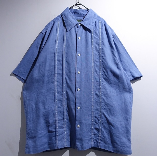 Light Blue Geometric Embroidery Design Cuba Shirt