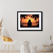 故郷を想うカバ｜夕焼けを見つめる癒しのカバアートポスター｜南国ビーチの優しい物語性を空間に｜A4ポスター