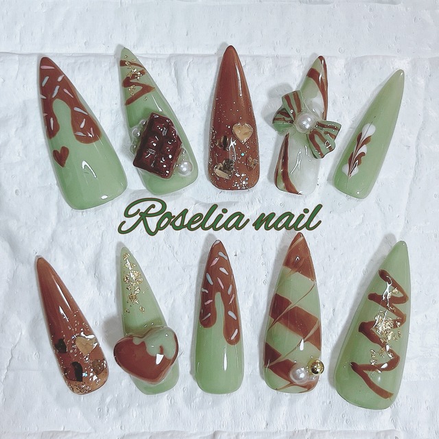 ネイルチップ　付け爪　nails　抹茶チョコ　バレンタイン　チョコレート　スイーツ　ガーリー　可愛い　個性派　ncs026