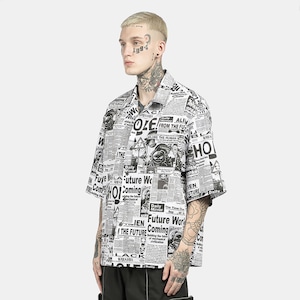 SALE 送料無料【HIPANDA ハイパンダ】メンズ シャツ MEN'S NEWSPAPER ALL OVER PRINT SHORT SLEEVED SHIRT / GRAY