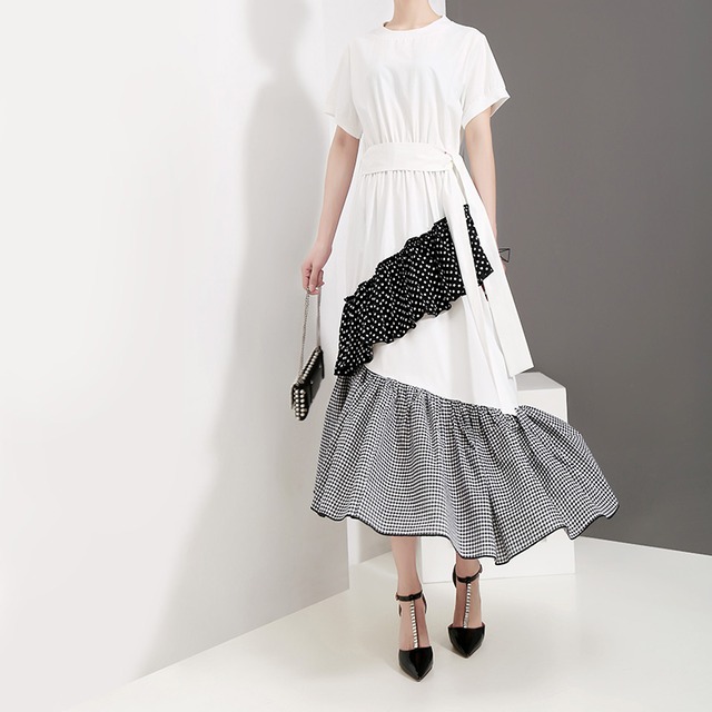 フリルワンピース 半袖 フリル ロング ドット柄 チェック柄 ギンガムチェック ワンピース フェミニン 大人可愛い お出かけ デート Mh1375 Valentina210