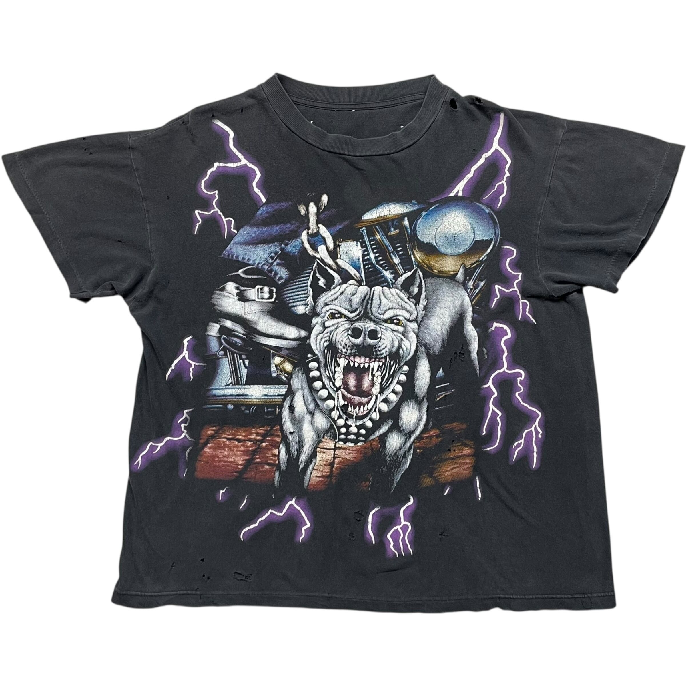 《L》AMERICAN THUNDER アメリカンサンダー Tシャツ ピットブル 両面プリント ダメージ ブラック シングルステッチ 90年代 vintage no.8551