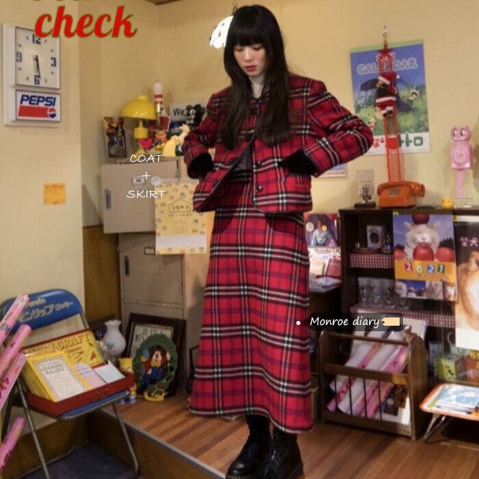レッド格子柄スカート スプリングスタイル薄手 春物 モンロー1320507712