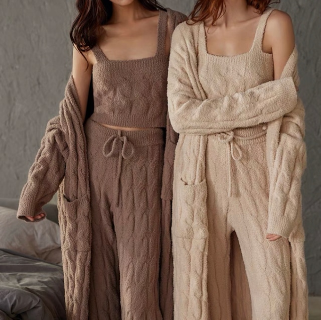 【2color】【3piece set】warm camisole+ long cardigan+pants pajamas set