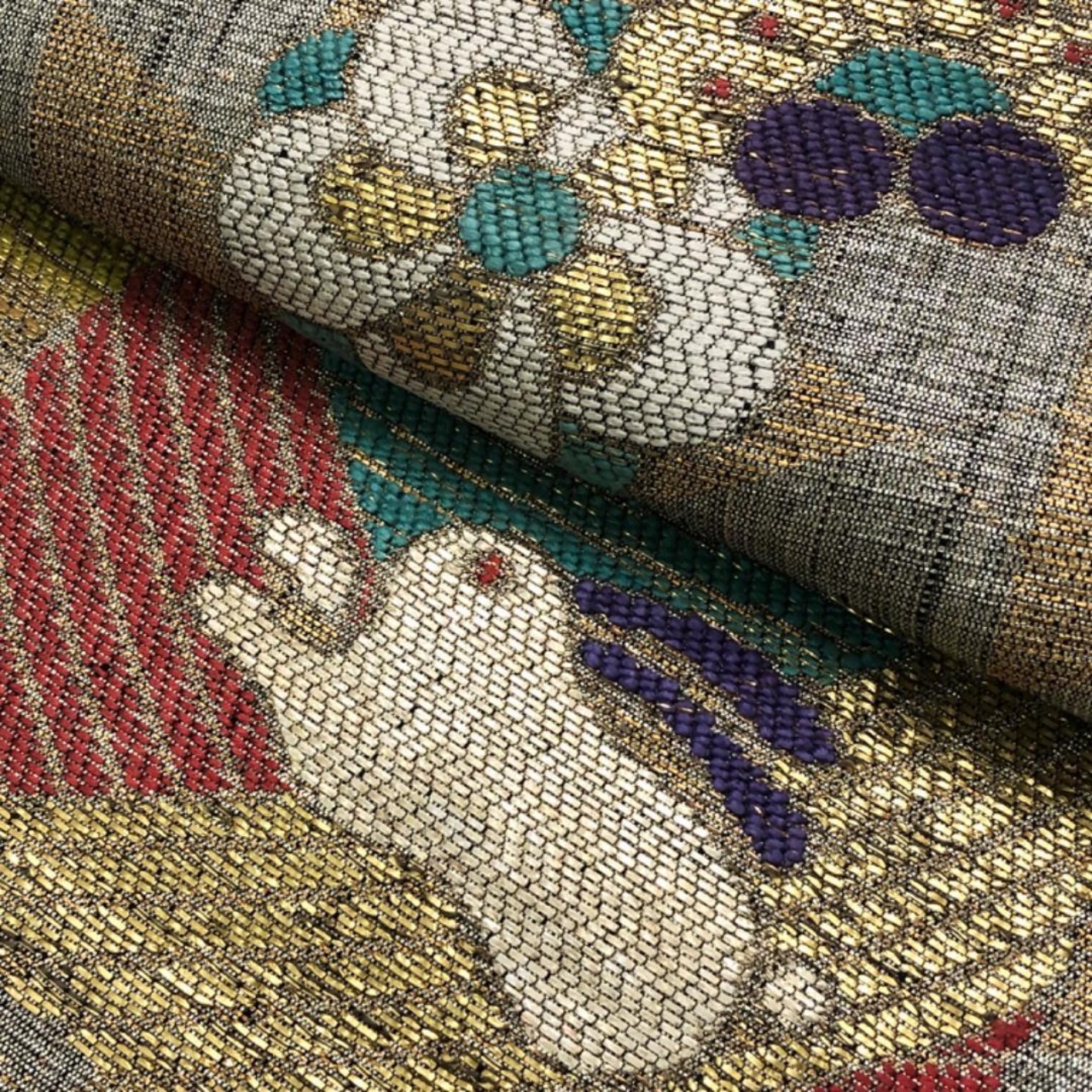 袋帯 兎 花模様 糸枠 三角模様 金銀糸 O-5330 着物 きもの kimono 和服  