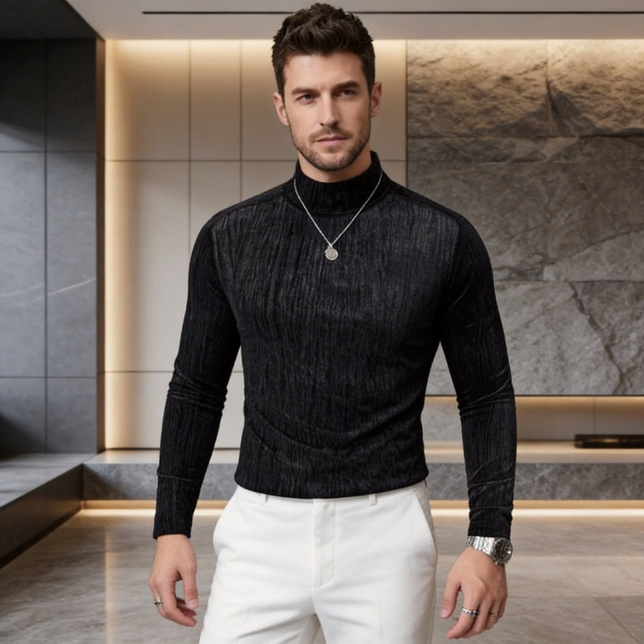 シャイニーテクスチャーモックネック(2color) M0853