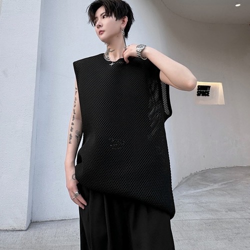 【予約販売】トップス ノースリーブ Tシャツ メンズ オーバーサイズ ホワイト ブラック メッシュ 透け感 無地 こなれ感 カジュアル シンプル  モード お洒落  韓国 トレンド 春 夏 M/L/XL